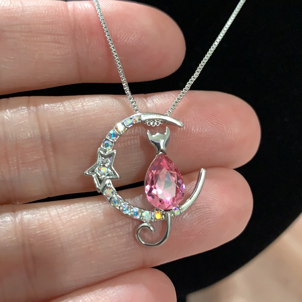Cat on a Crescent Moon Pendant Necklace - Picture 8 of 11